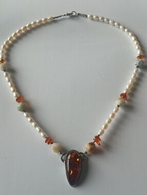 Baltic Amber & Freshwater Pearl Necklace With Amazonite Accent Beads